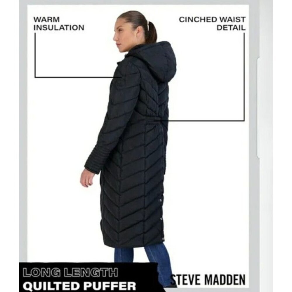 NWT Steve Madden Women's Black Chevron Puffer Long Winter Coat Size XS - Picture 3 of 9